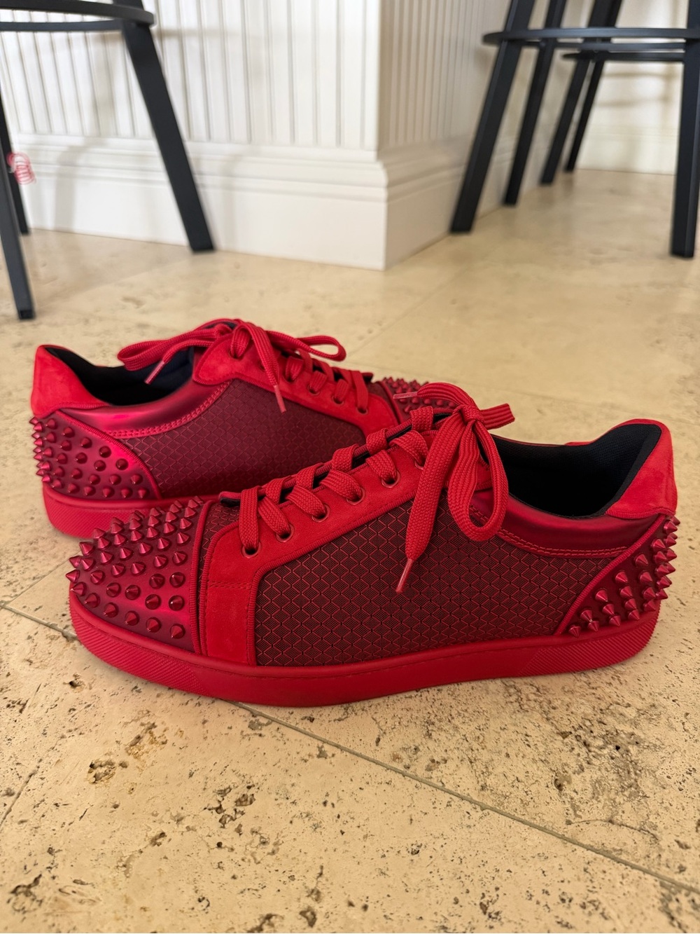 Christian Louboutin Men’s Red Spiked Low-Top Sneakers with Honeycomb Panels - Picture 4 of 7